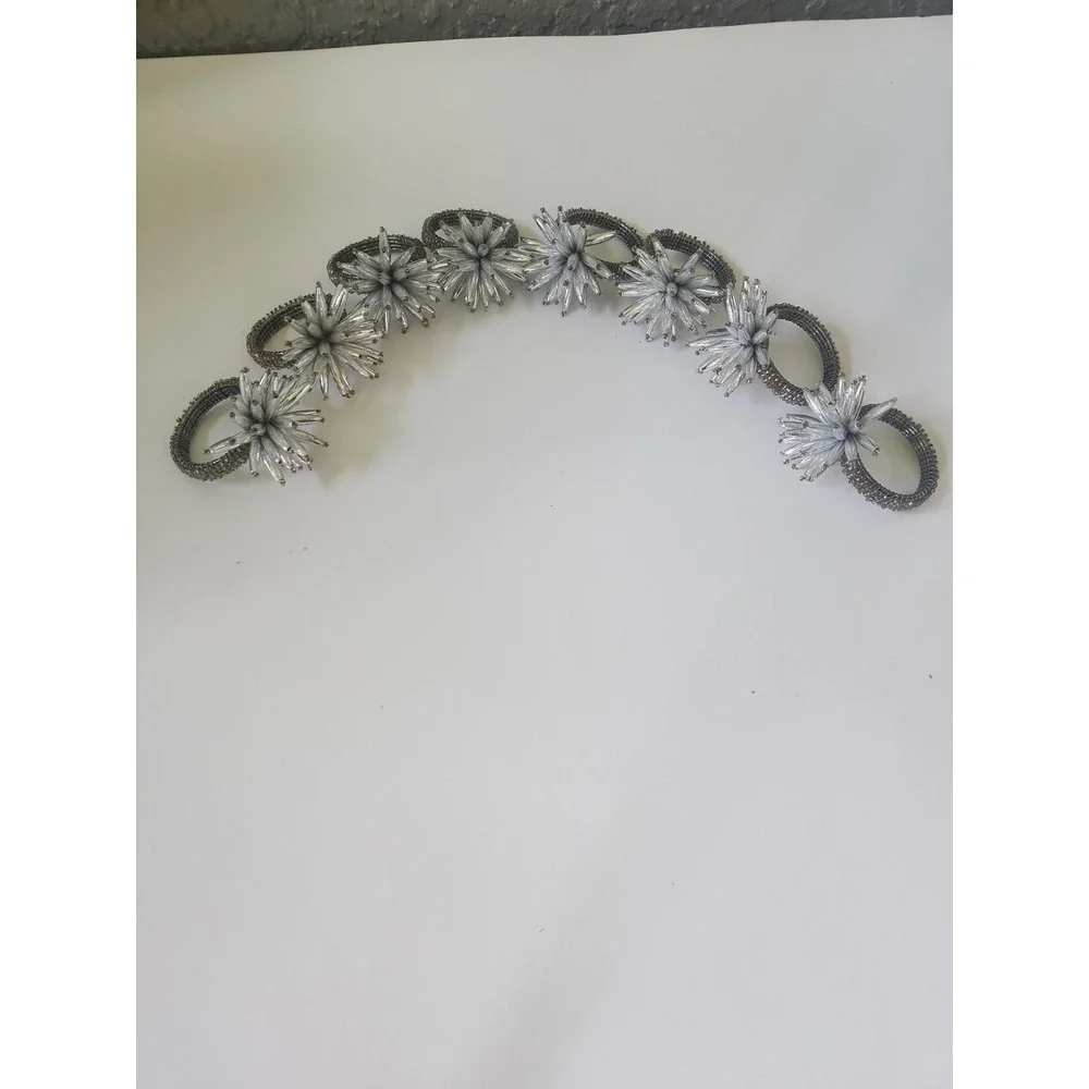 Set of 8 Beaded Starburst Napkin Rings Silver White Floral Burst Table Decor